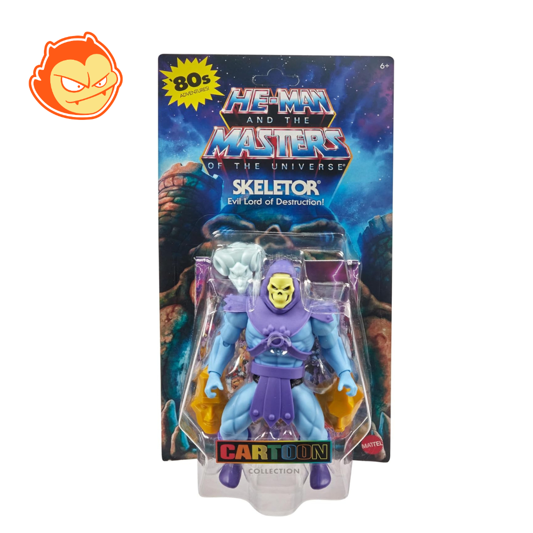 Figurine Mattel Masters of Universe Skeletor méchant avec armure, bâton du Havoc, épée et 2 masques