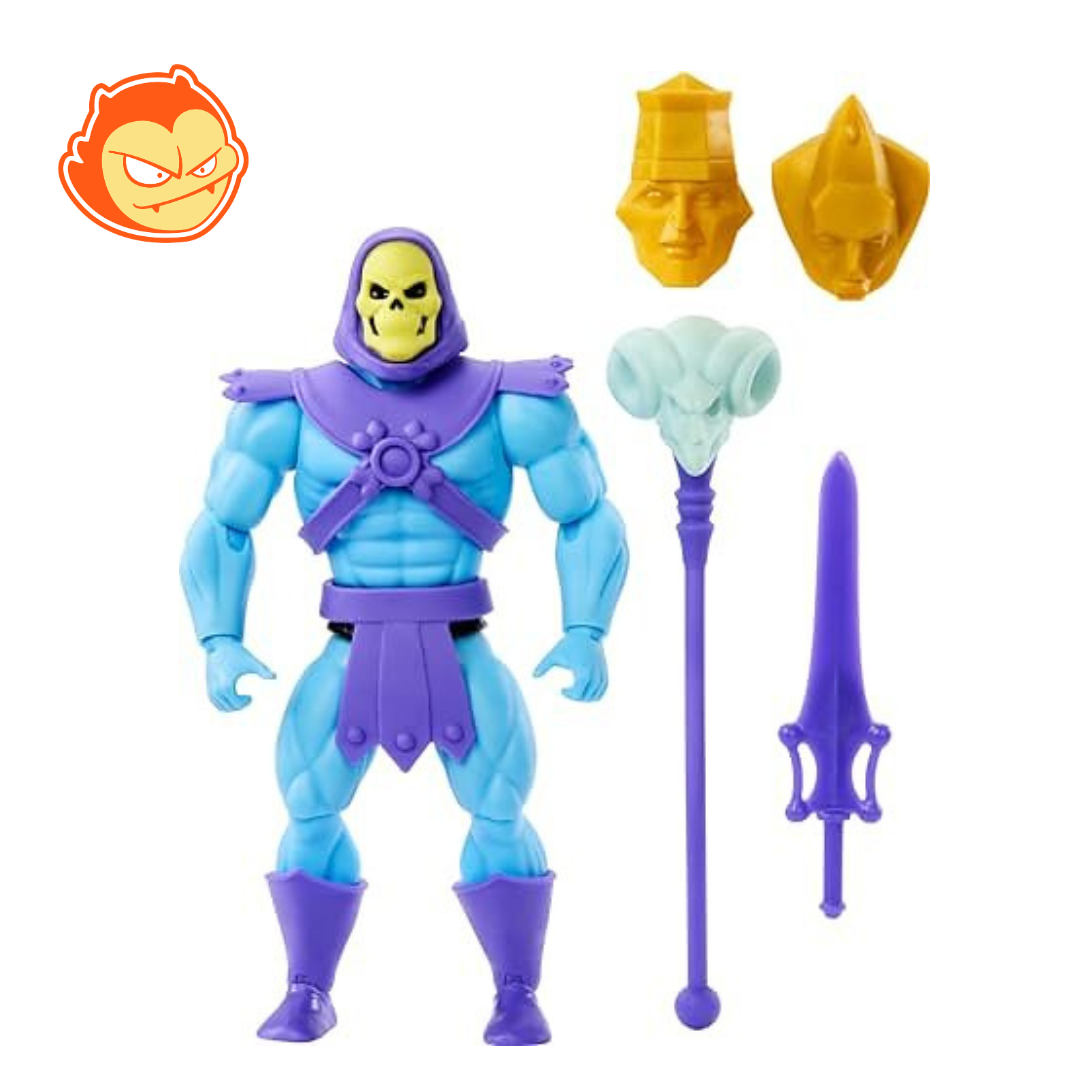 Figurine Mattel Masters of Universe Skeletor méchant avec armure, bâton du Havoc, épée et 2 masques