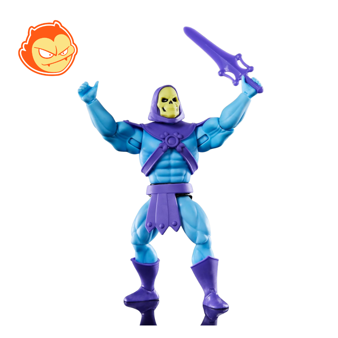Figurine Mattel Masters of Universe Skeletor méchant avec armure, bâton du Havoc, épée et 2 masques